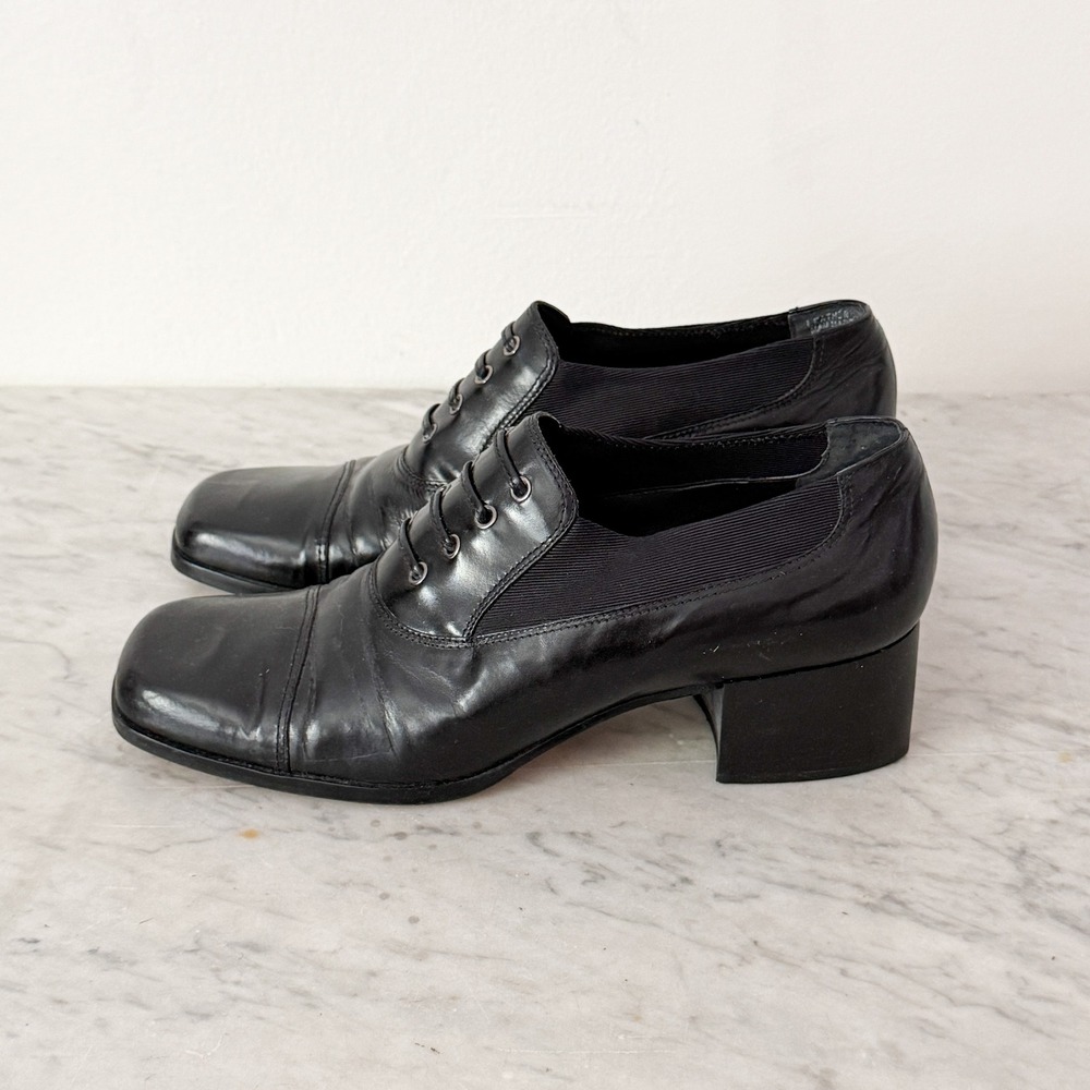 Enzo Angiolini Oxford Pumps 90s Square Toe Block Heel 7.5M Black Leather Slip On